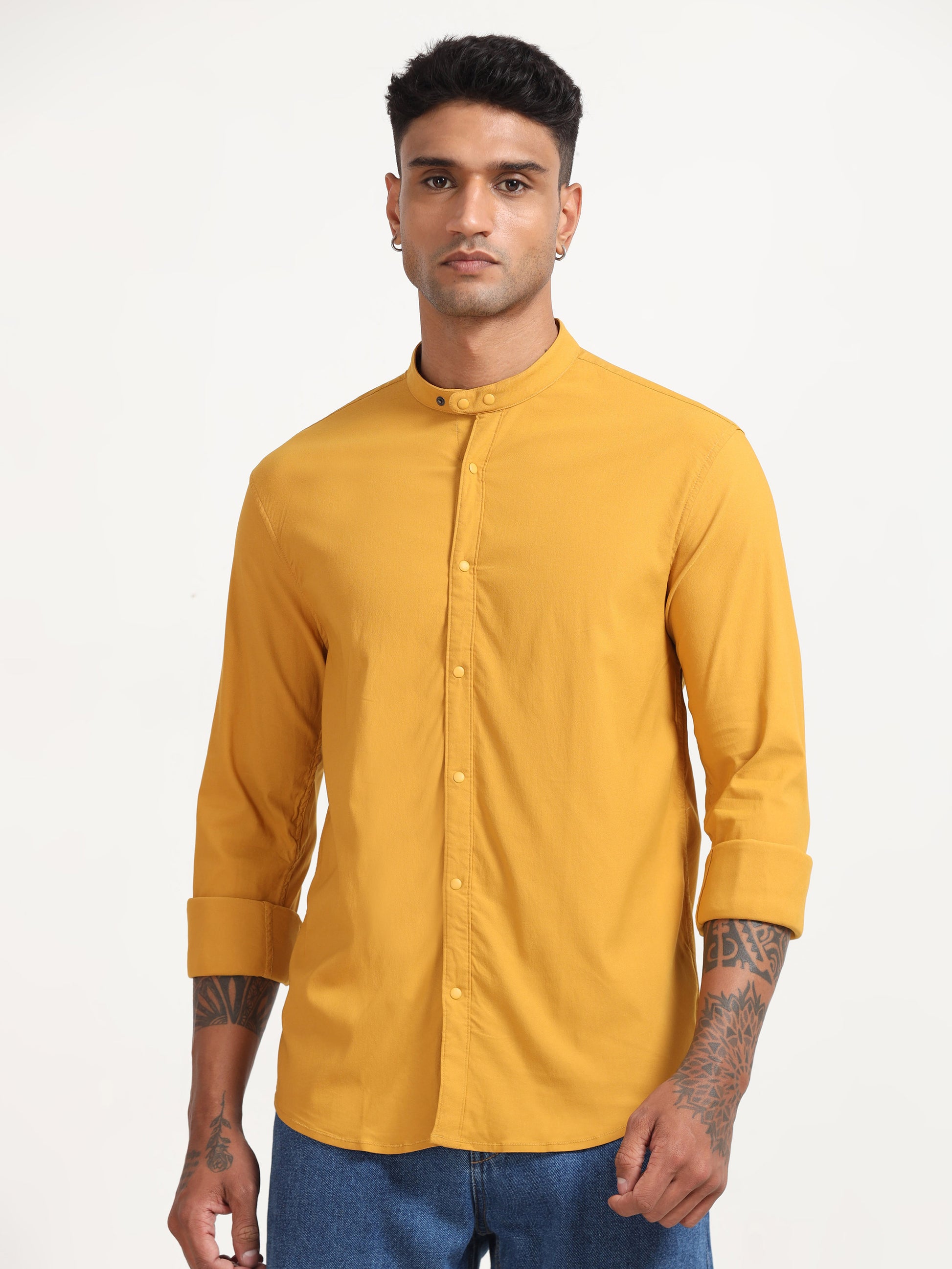  Dobby Super Lycra Yellow Long Sleeve Shirt for Men