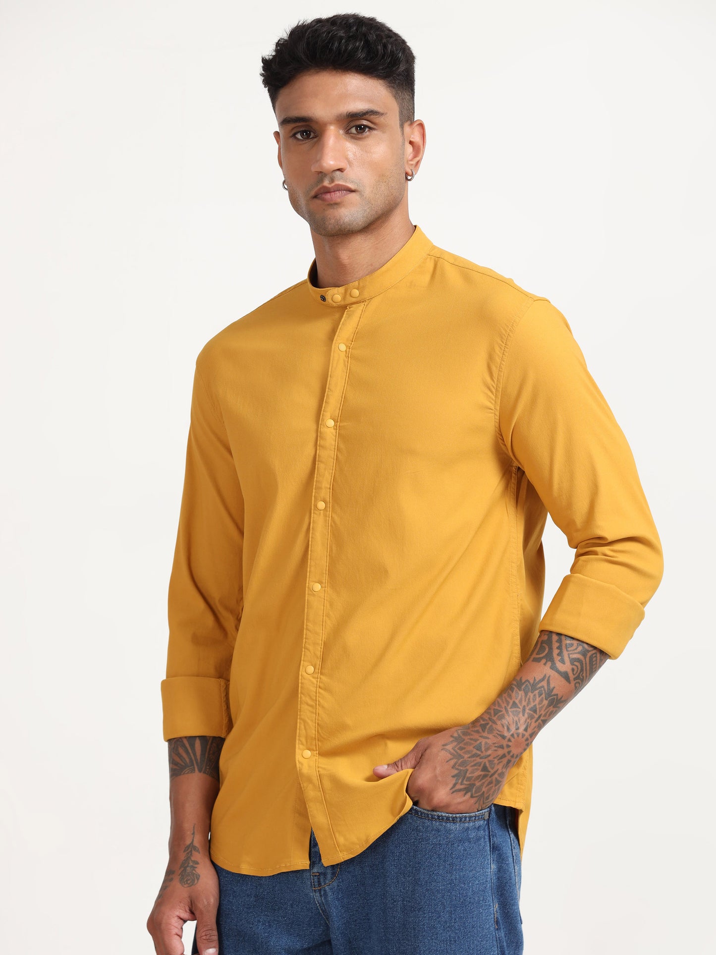  Dobby Super Lycra Yellow Long Sleeve Shirt for Men