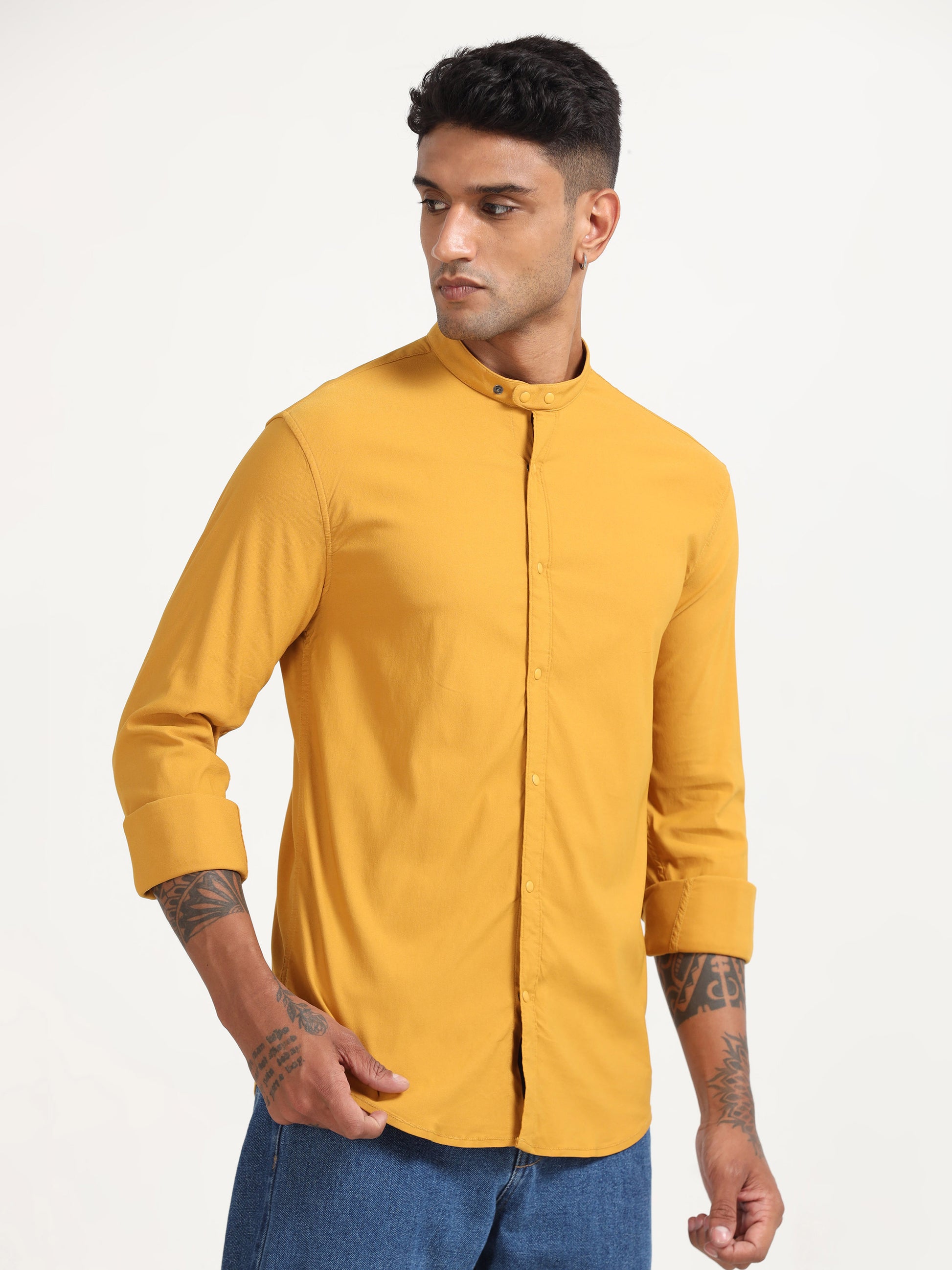  Dobby Super Lycra Yellow Long Sleeve Shirt for Men