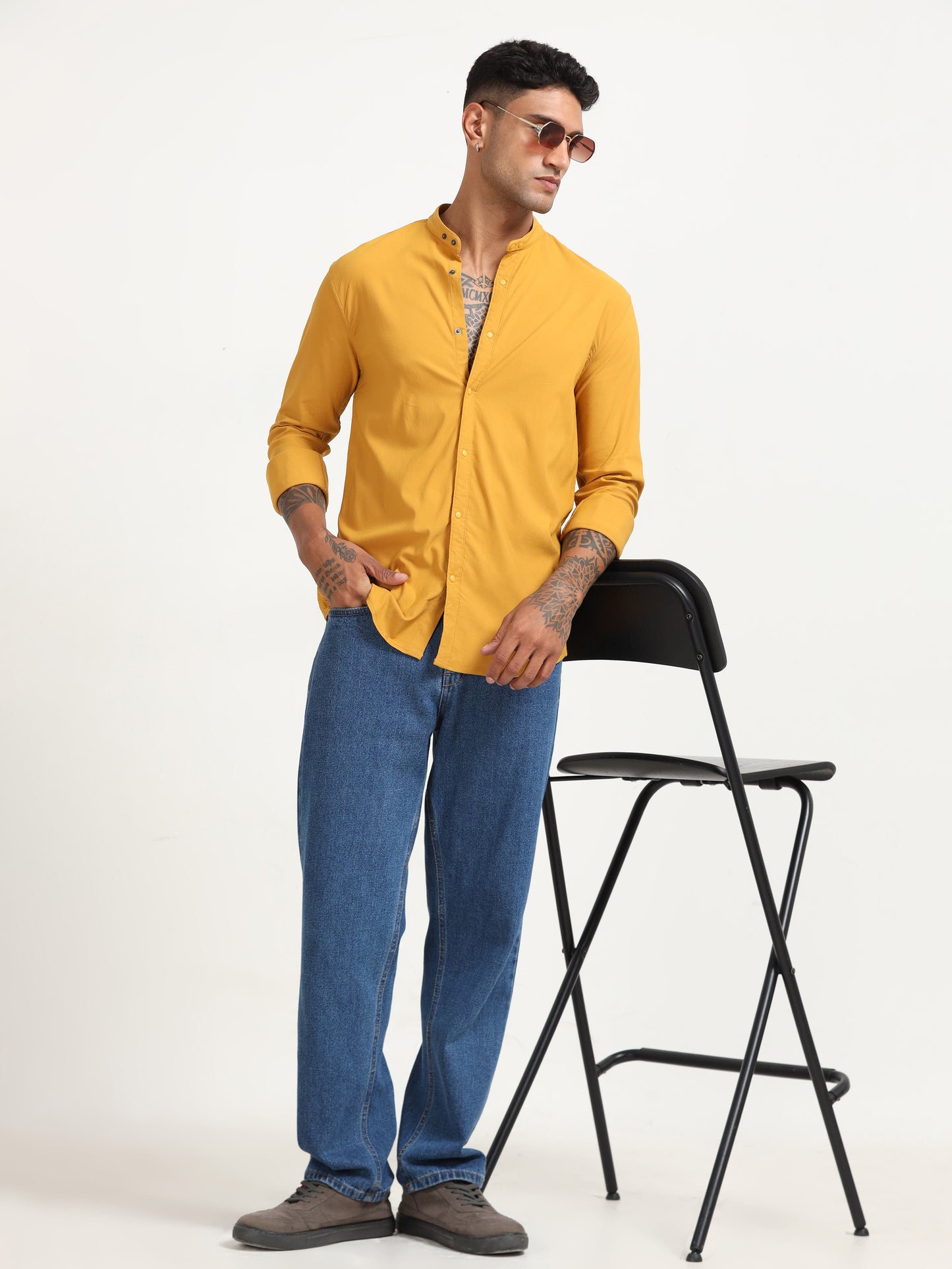  Dobby Super Lycra Yellow Long Sleeve Shirt for Men