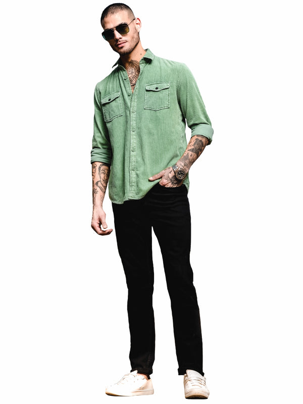 Solid Green Corduroy Shirt For Men