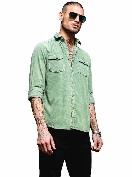 Solid Green Corduroy Shirt For Men