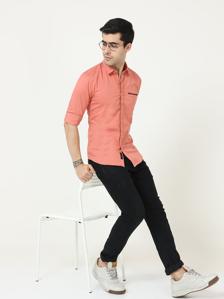 Solid Light Coral Shirts With Zipper Pockets For Men