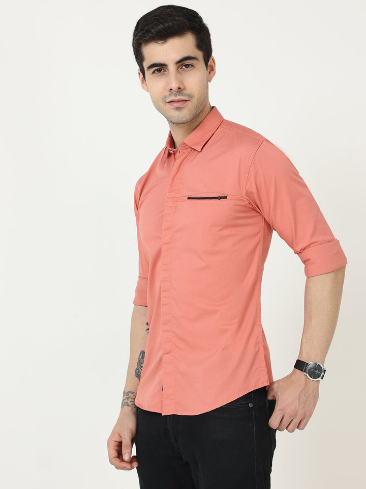 Solid Light Coral Shirts With Zipper Pockets For Men