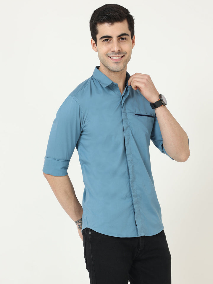 Solid Blue Shirts With Zipper Pockets For Men