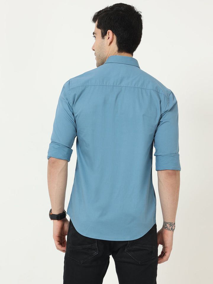 Solid Blue Shirts With Zipper Pockets For Men