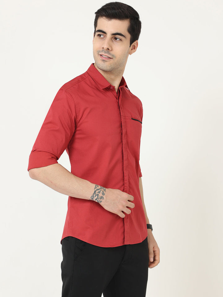 Solid Red Men's Shirt With Zipper Pocket At Great Price