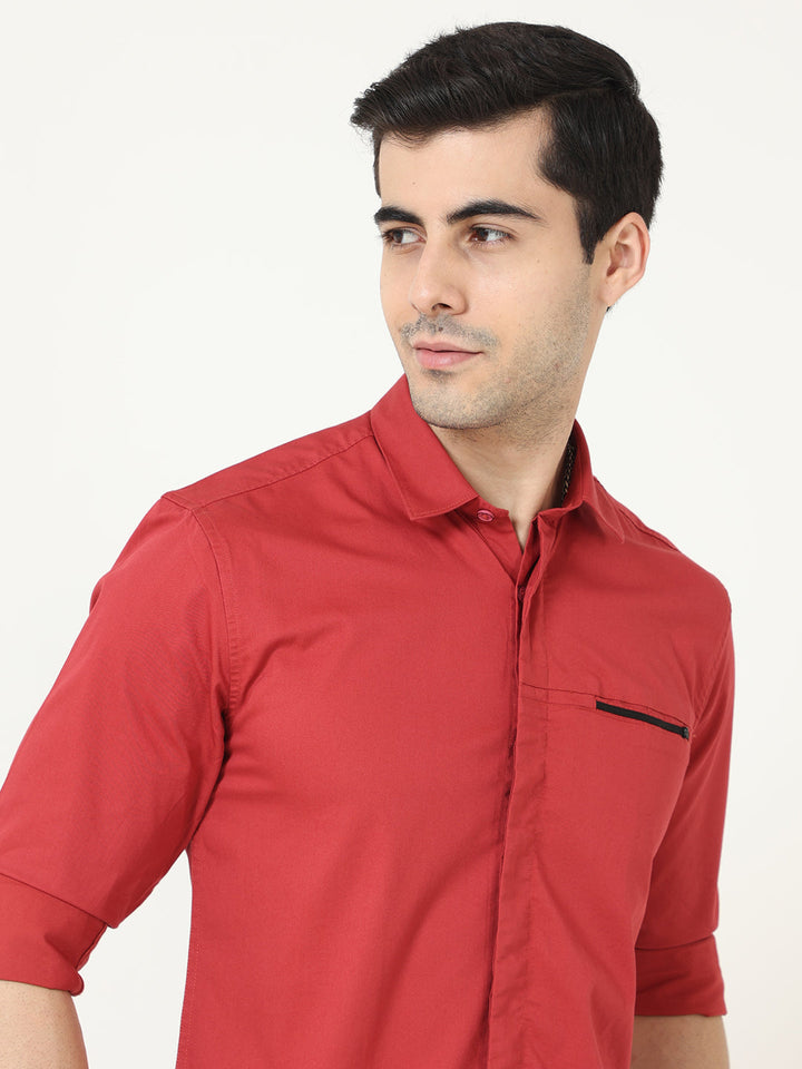 Solid Red Men's Shirt With Zipper Pocket At Great Price