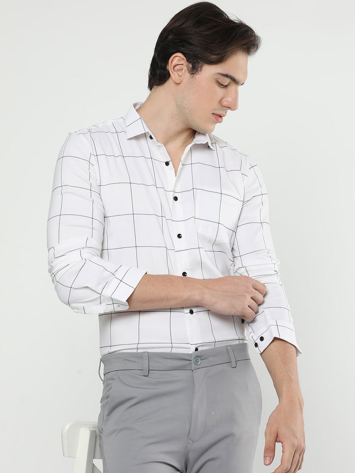 White Cotton Check Shirt for Men