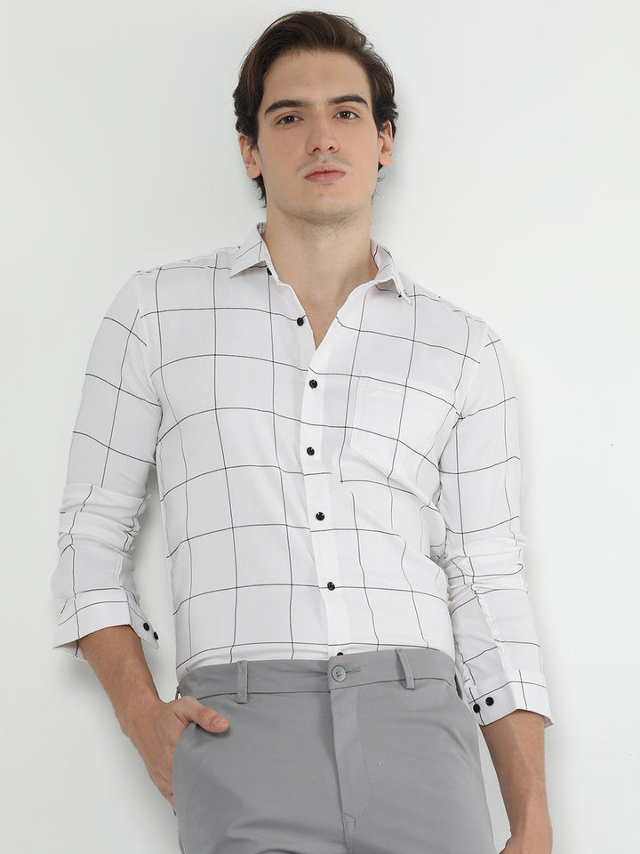 White Cotton Check Shirt for Men