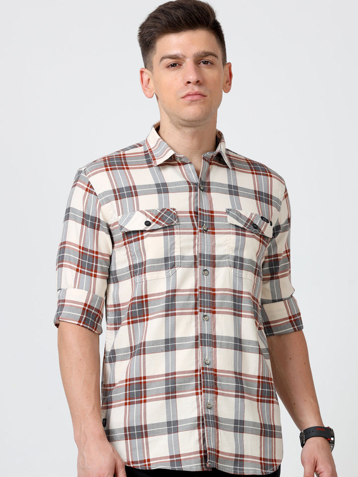 Beige Maroon Cotton Check Shirt for Men