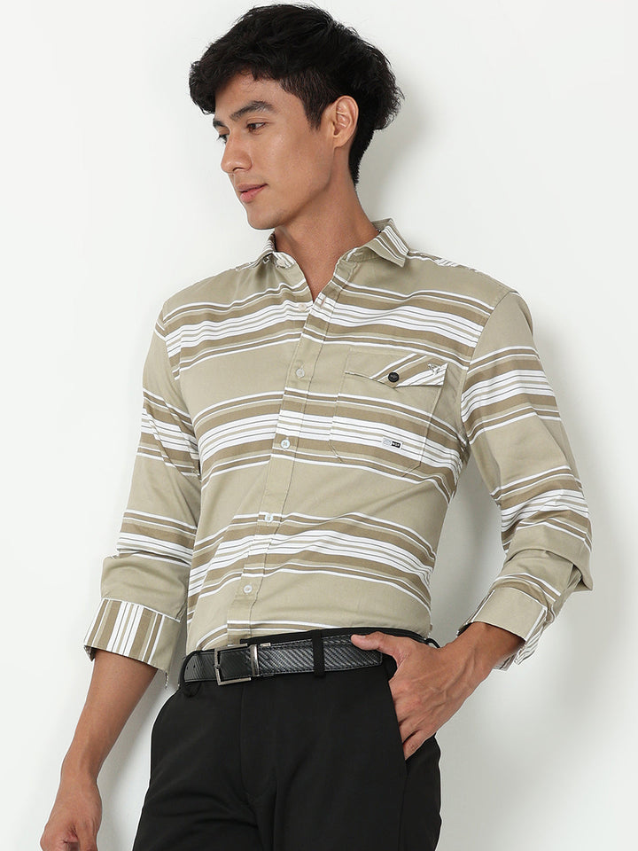 Beige Horizontal Striped Shirt for Men