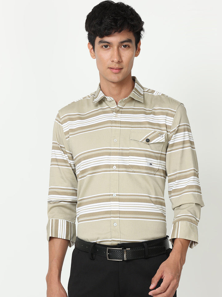 Beige Horizontal Striped Shirt for Men