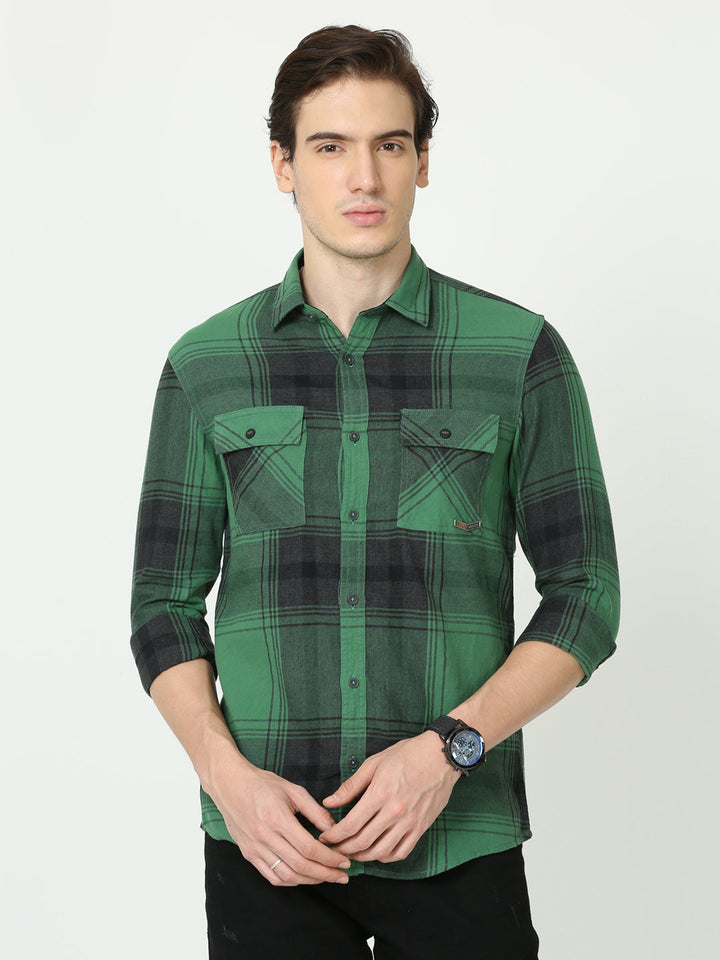 Green melange checks casual shirt