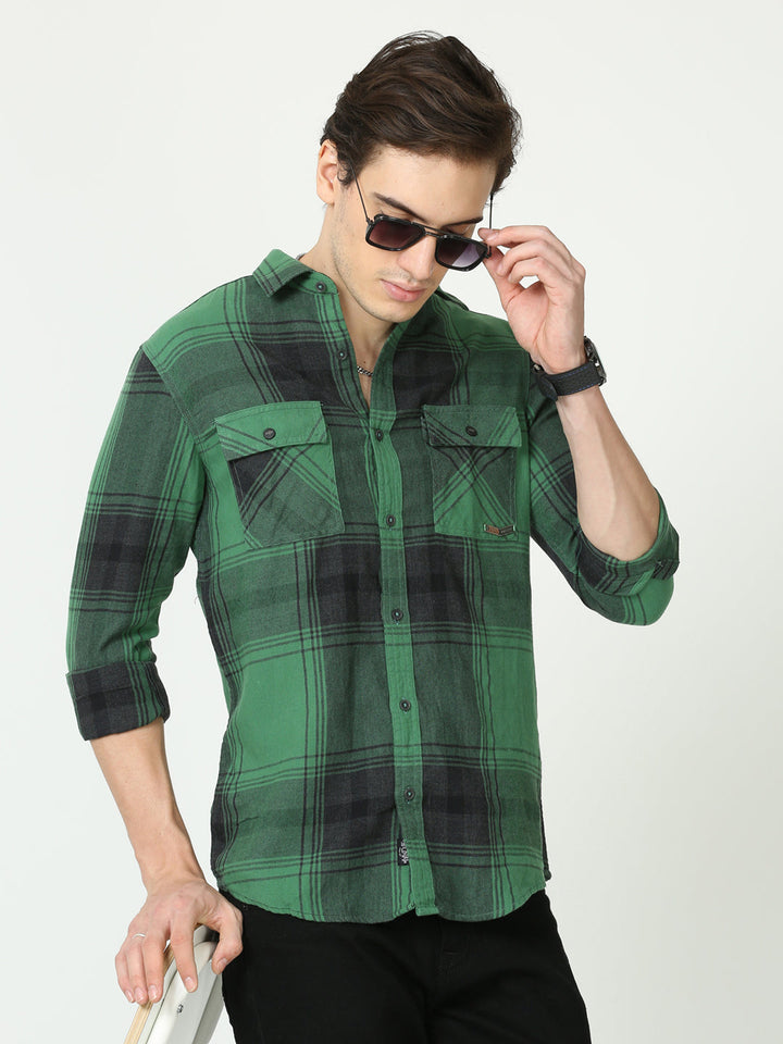 Green melange checks casual shirt